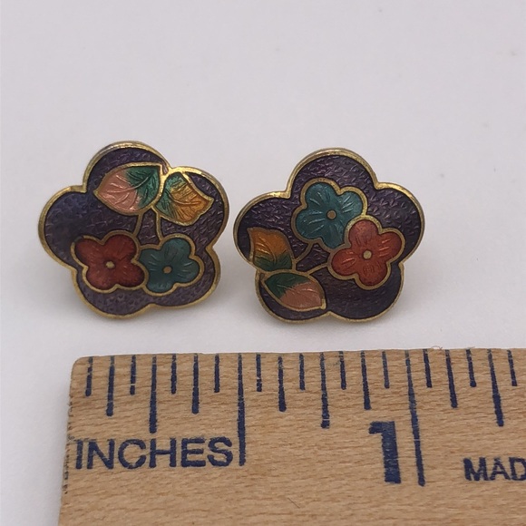 VTG Purple Background Floral Enamel Earrings Cloisonné Yellow Green Blue - Picture 7 of 9
